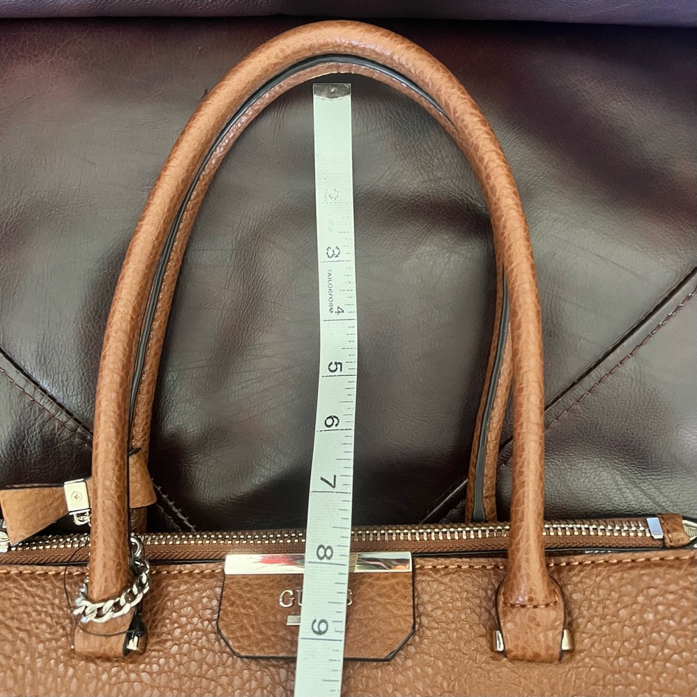 Guess Faux Leather Tan Rich Cognac Brown Structured Satchel Tote Bag - Picture 12 of 16